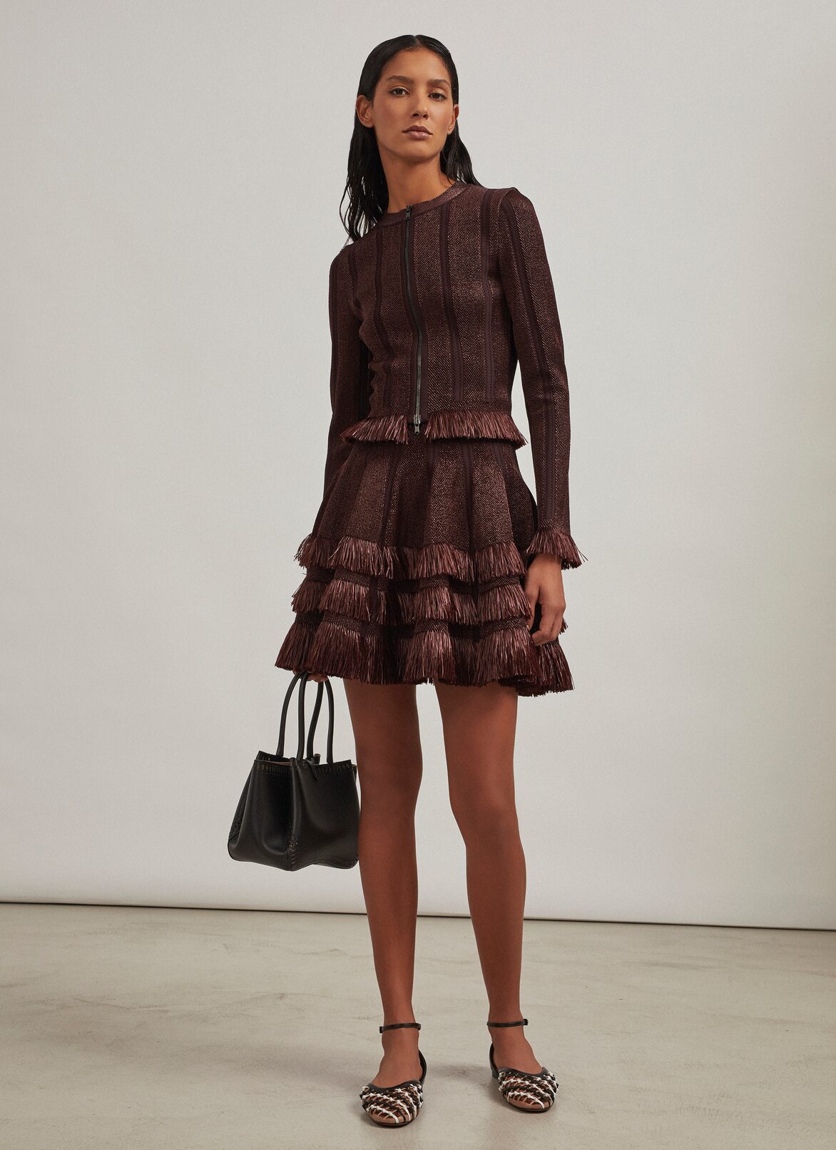Short skirt in knit and raffia ALAÏA CHOCOLATE SHORT SKIRT IN KNIT AND RAFFIA